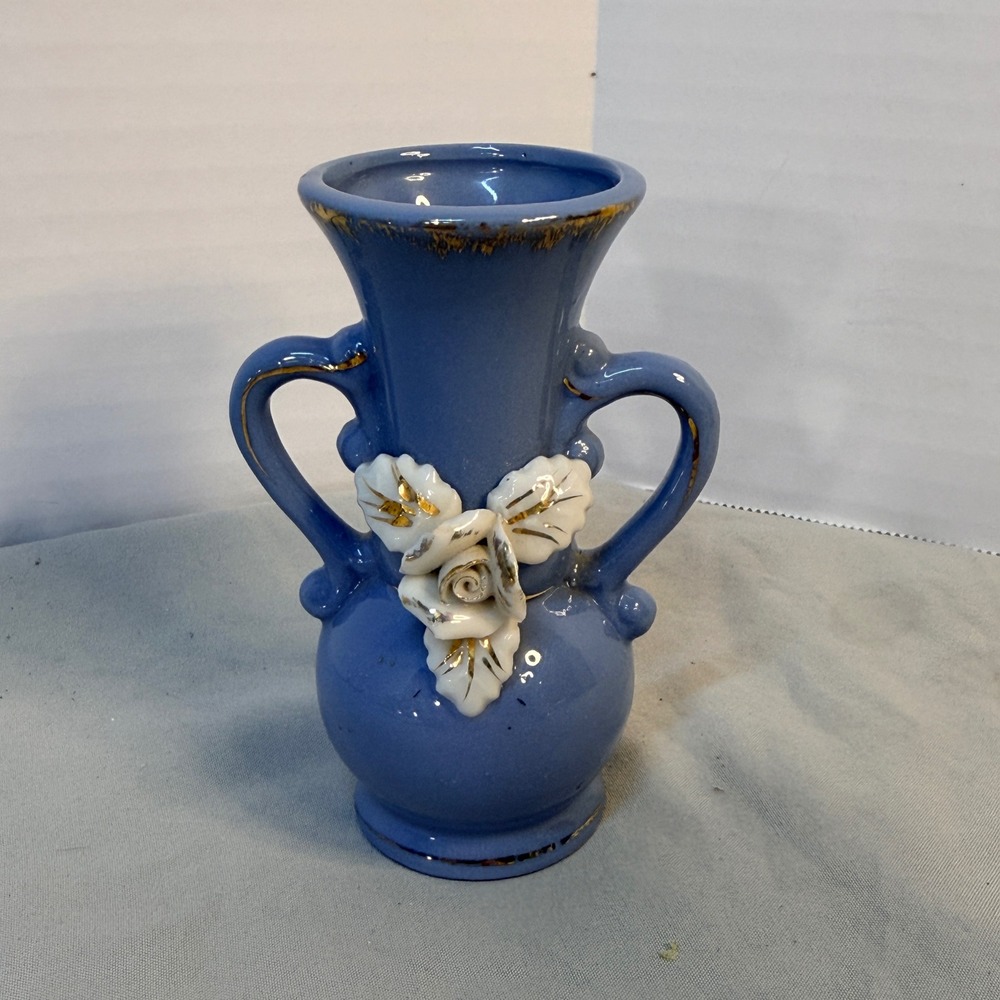 Vintage Blue Ceramic Bud Vase Double Handle Gold Trim White Rose 4.5 Inch